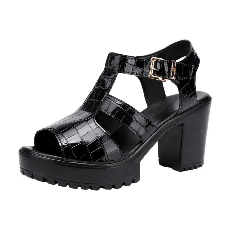 Beach Platform Sandals Patent Leather Shoes 2026 Summer Elegant Block High Heels Sandals Women for Office Mom