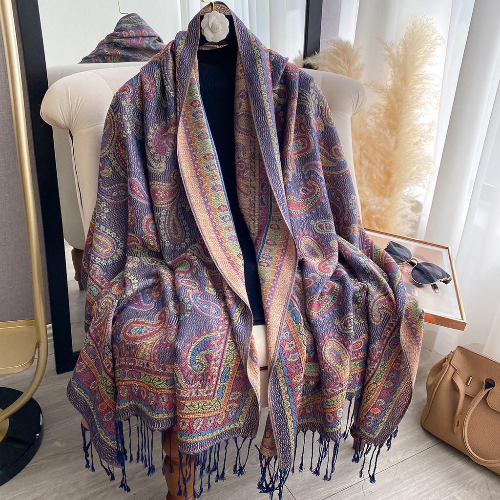 Damesmode Nepkasjmier Winter Foulard Vintage Print Met Kwastjes Dik Warm Pashmina Dubbelzijdige Sjaal Buiten Sjaals