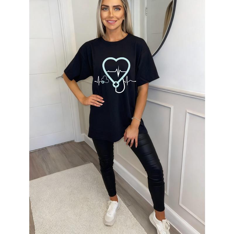 Oversized T-shirt Svart Hjärta EKG Stetoskop Tryck För Vardagsbruk