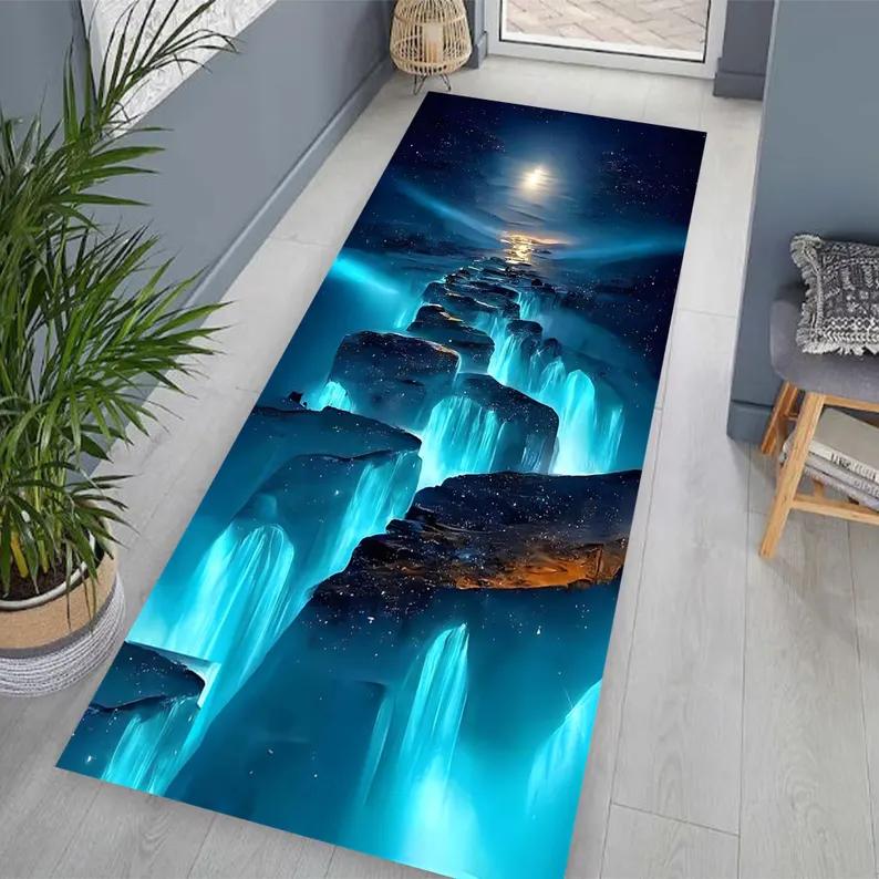 3D Luminescent Waterfall Carpet Glowing Cascade Rock Cliff Print Runner Rug Ethereal Blue Flow Non-Slip Floor Mat Home Area Rug