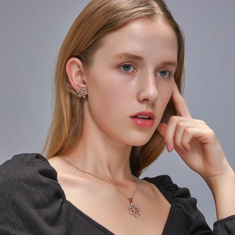 Simple Full Diamond Snowflake Necklace And Earring Set For Women - Valentine's Day Creative Gift Temperament Jewelry Accessories