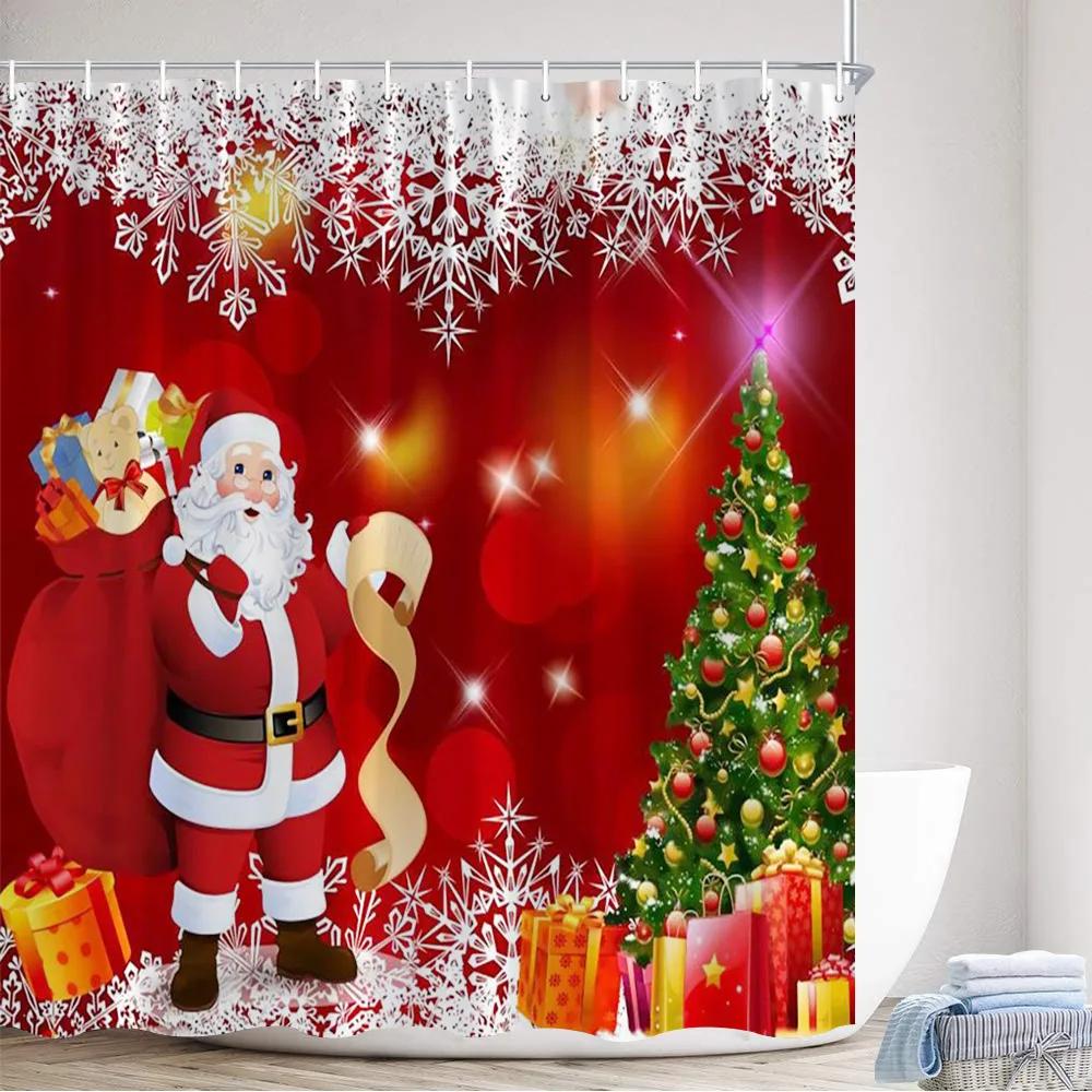 GAERed Santa Claus Christmas Shower Curtain White Snowflake Xmas Tree Gift New Year Home Bathroom Decor Bath Curtains With Hoo