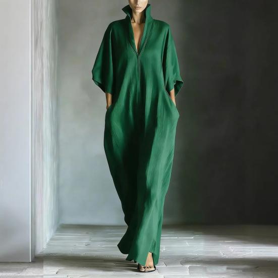 Summer V Neck Dress for Women Stand Collar Flowy Long Dress Casual 3/4 Sleeve Travel Vacation Outfits with Pockets