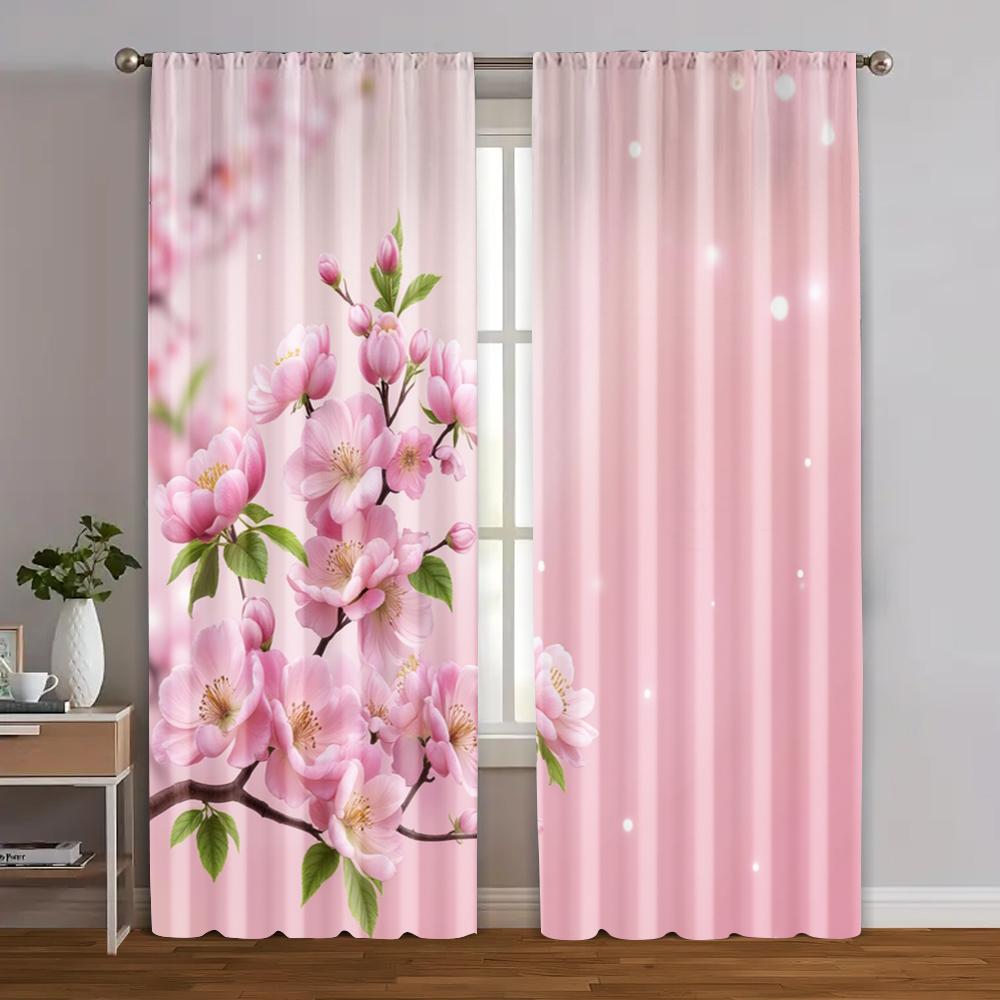 2pcs, Curtain Popular Bright Pink Cherry Blossoms and Green Leaves Fabric (without Rod) Decorations Clearance Ldeal for Season