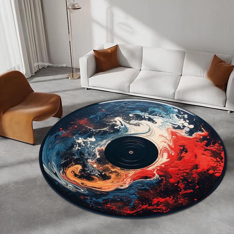 Retro Vinylplaat Ronde Vloerkleed Muziekliefhebber Tapijt Vintage DJ Kamer Decor Kleurrijk Man Cave Vloermat 70s Retro Woondecoratie