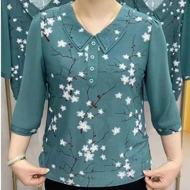 Woon-werkverkeer Gebroken Bloemen Blouse Mode Peter Pan Kraag Knoop Casual Lente Zomer 3/4 Mouw Patchwork Shirt