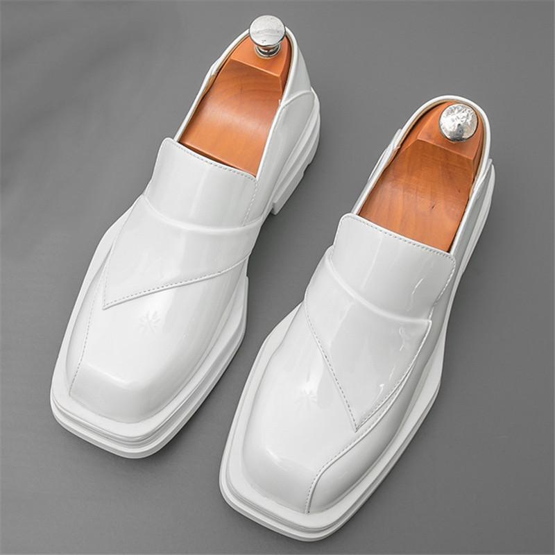 Luxury Retro Designer White Square Toe Thick-soled Height Increasing Shoes For Men Formal Wedding Prom Dress Performance Loafer