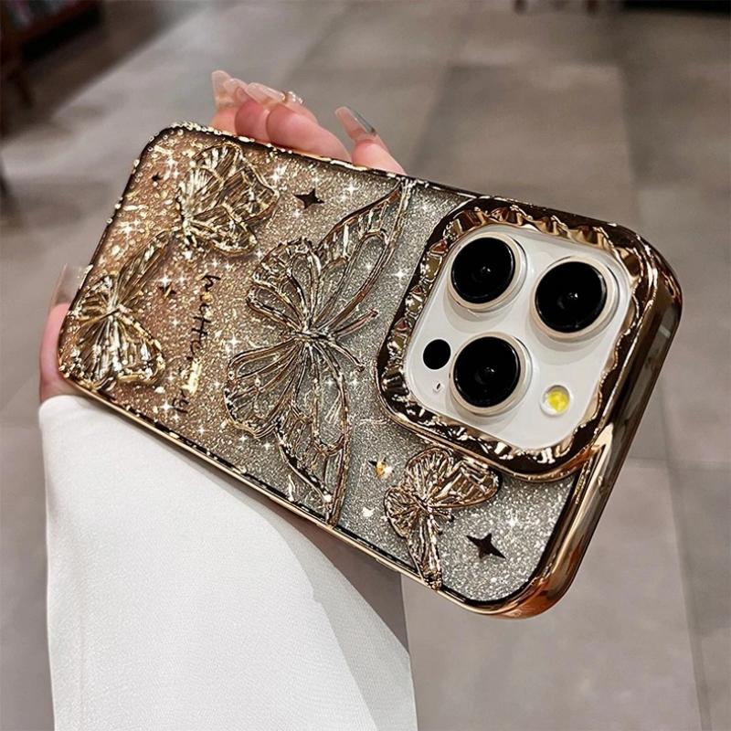3D Bling Glitter Vlinder Quick Sand Kleurverloop Hoesje Voor iPhone 17 16 15 14 13 12 11 Pro Max Plus Air Plating Schokbestendig Hoes
