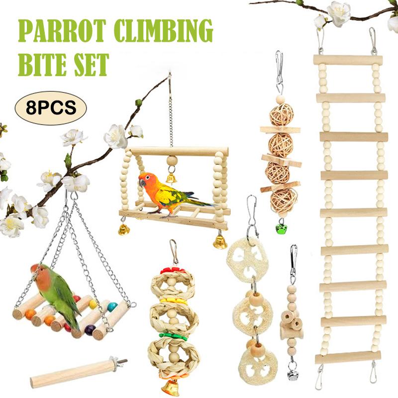 8-teiliges Kombinationsspielzeug für Papageien, Vogelspielzeug für Papageien, natürliches Holz, Schaukel, Sitzstange, Vogelkäfig, Kletterspielzeug, Heimtierbedarf
