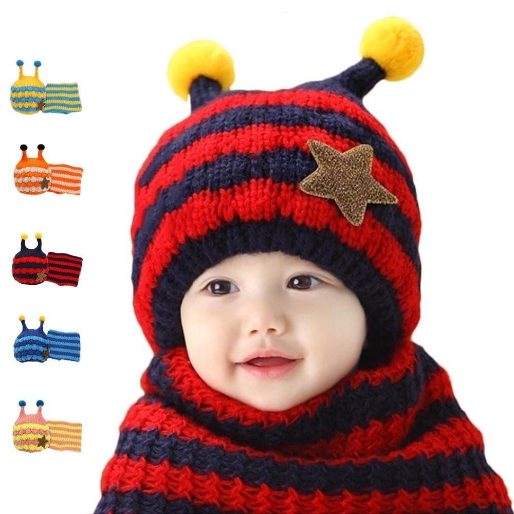 Winter Kids Hat With Plush Ear Protection Big Five-pointed Star Hat Scarf Set Striped Woolen Material Blue Yellow Orange Red Pink