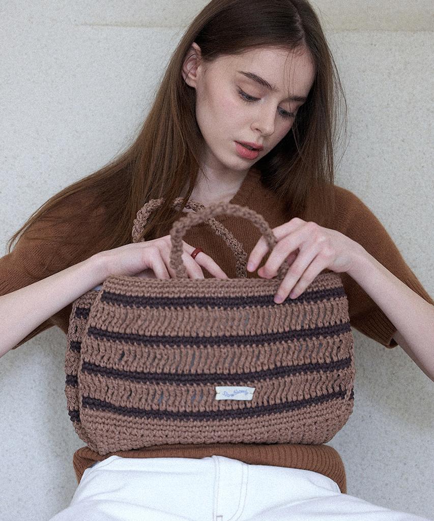 Slowslowly Moroccan Handmade Crochet Stripe Wide Tote Bag _ Brown