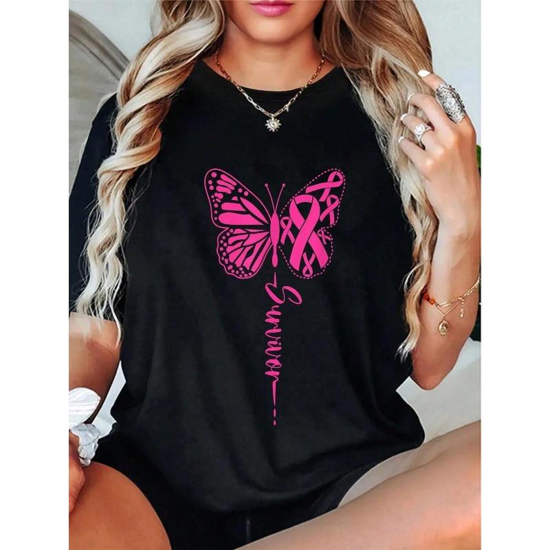Dames Grote Maten Borstkanker Overlevende T-shirt Zwart Roze Vlinder Lint Ik Ben Een Overlevende Bewustzijn Casual Top