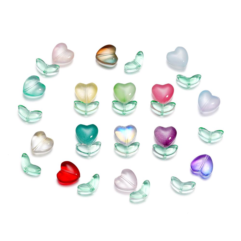 20Pcs/Lot 12*12.3mm Small Flowers Heart Leaves Glass Loose Beads for Jewelry Making Handmade DIY Bracelet Necklace Accessories