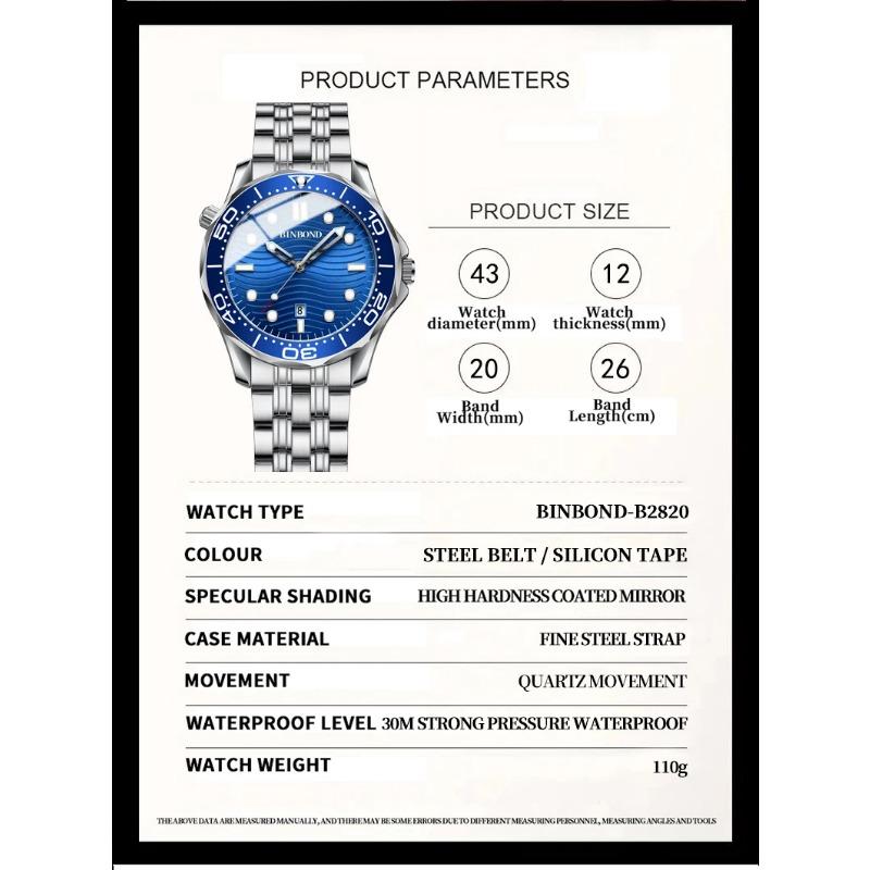 BINBOND Casual Fashion Ultra-thin Sea Horse Series Quartz Men's Watch Date Waterproof Luminous Sports Business Men's Wrist Watch