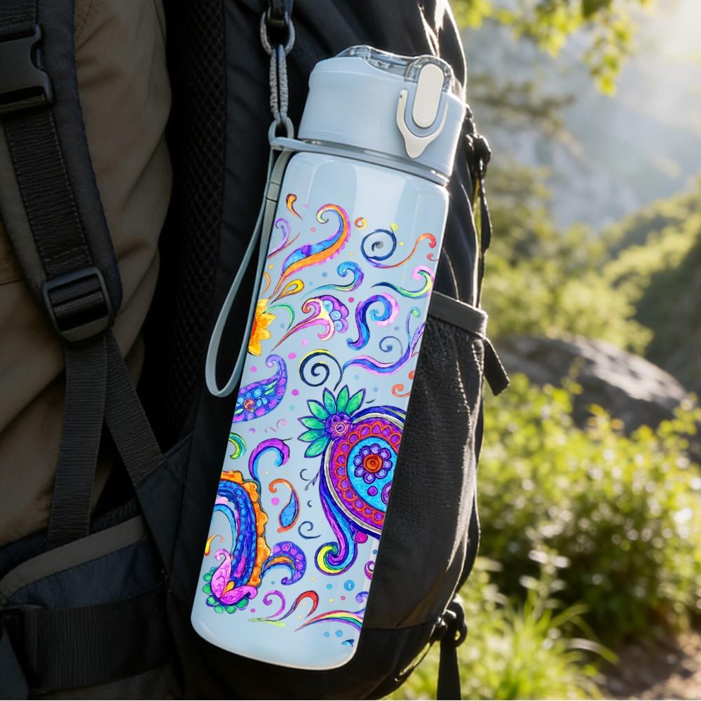 1PC Paisley Boho Mandala 750ml Color Plastic Sports Water Bottle Leakproof Flip Straw Lid Suitable for Sports Office Home Use
