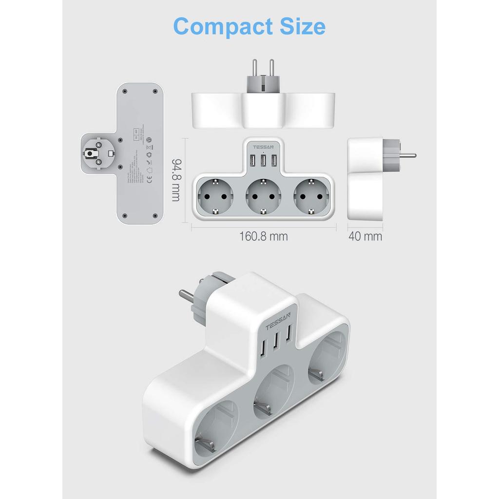 Tessan Multiple Wall Socket with 3 AC Outlets & 3 USB Ports, 6 In 1 USB Adapter with Overload Protection for Smartphone, Tablet