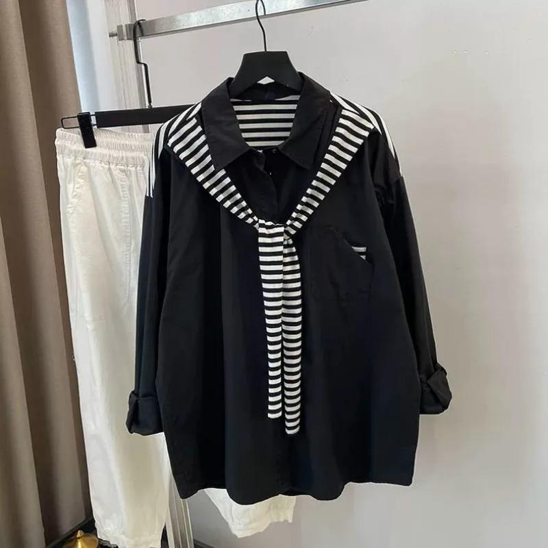 Striped Stitching Fake Two-piece Shawl Long-sleeved Shirt Women's Loose and Stylish Top