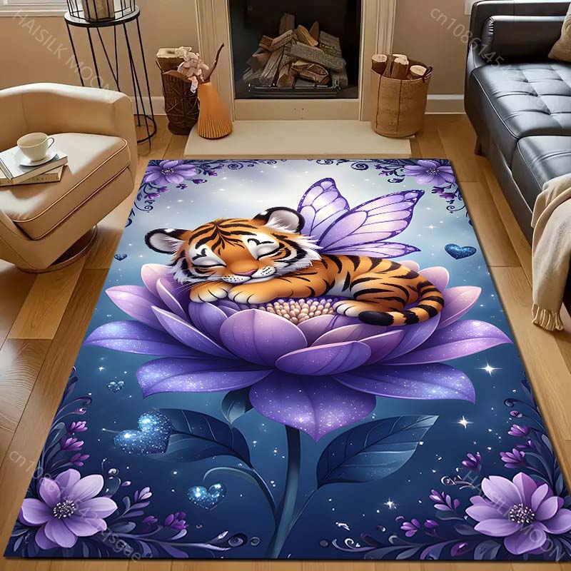 Multiple Sizes Tiger Fairy On Flower Carpet for Living Room Bedroom Sofa Home Decor Rus Non-slip Floor Mat Luxury Gift