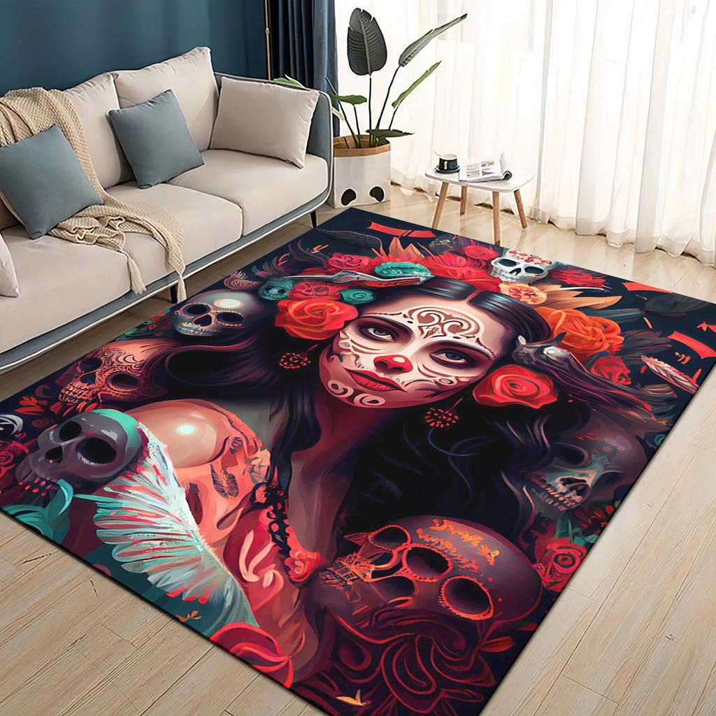 3D Dead Gothic Skull Face Rose Woman Horrible Cartoon Carpet Rug for Living Room Bedroom Home Sofa Decoration,Non-slip Floor Mat