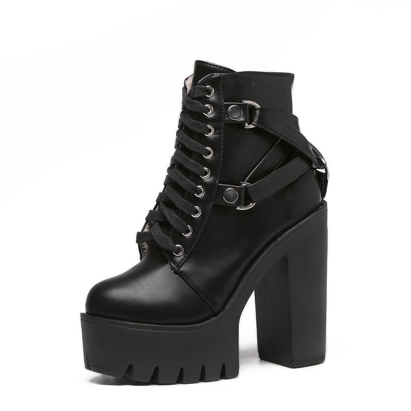 Fashion Black Boots Women Heel Spring Autumn Lace-up Soft Leather Platform Shoes Woman Ankle Boots