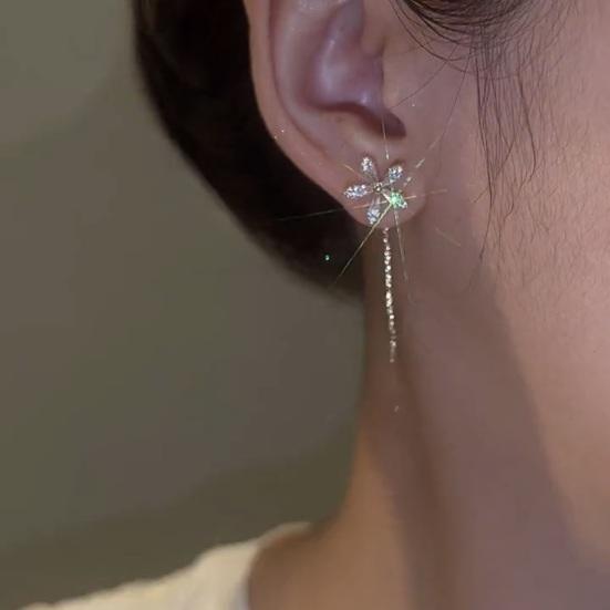 1 Pair Women Earrings Linear Earrings Long Tassel Flower Shape Shiny Cubic Zirconia Stainless Exquisite Ear Decoration Jewelry Lady Prom Party