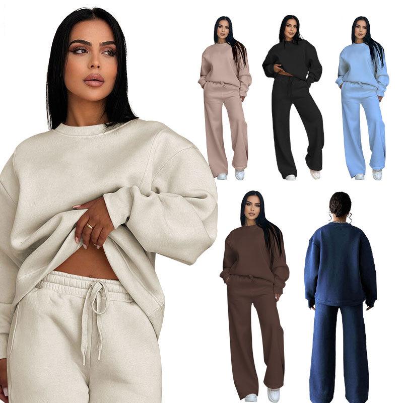 2024 Autumn and Winter New Solid Color Round Neck Long Sleeve Loose Women's Clothing Fashion Casual Wide Leg Pants Set