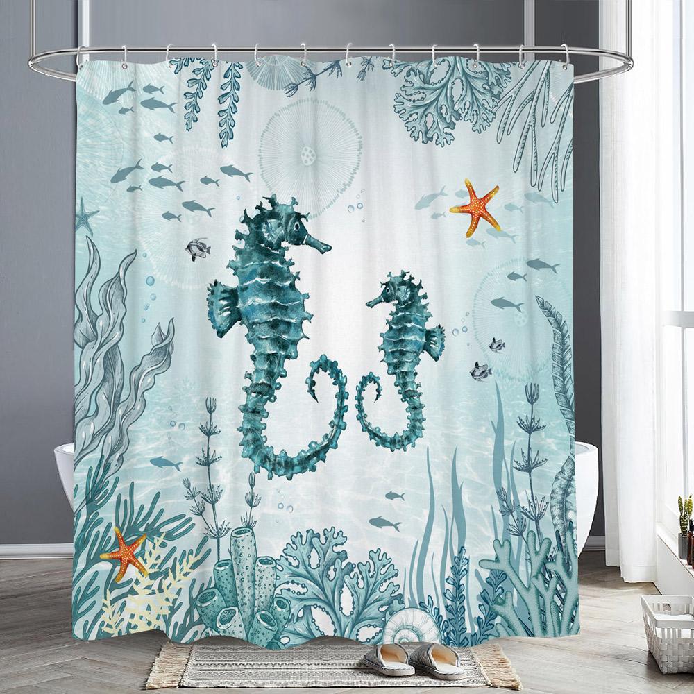 Sea Turtle Ocean Animal Shower Curtain Starfish Underwater Plants Coral Algae Watercolour Art Home Shower Curtain Bathroom Decor