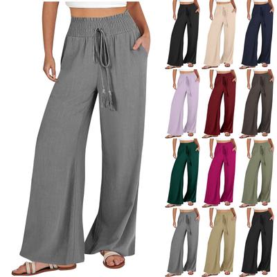 Women's Casual Fashion Colour Cotton Linen Casual Pants Wide Leg Trousers Sweatpants With Pockets
