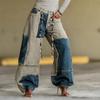 European Style Two-color Splicing Contrasting Curved Edge with Waist Belt Denim Jeans for Women