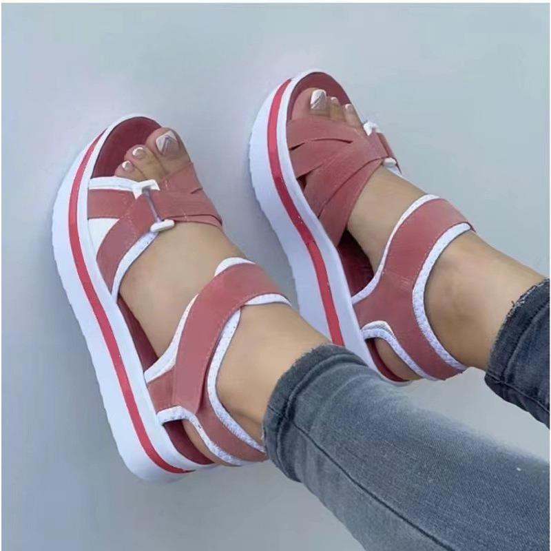 Women's Flat Velcro-Strap Beach Sandals, Thick-Soled Casual Footwear, Available In Large Sizes.