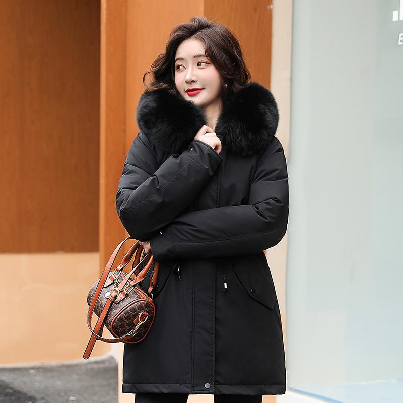 Women's Beige Plus Velvet Padded Winter Down Coat Jacket Parkas Outdoor Fur Collar For Women Korean Clothes Streetwear