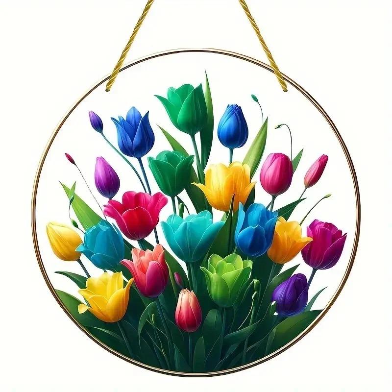 2D Flat Plants Flowers Round Acrylic Decoration Sign, Tulip, Home Decor Plaque Hanging Wall Art Decorative Garden Decoration for Room Door Signs Hangi