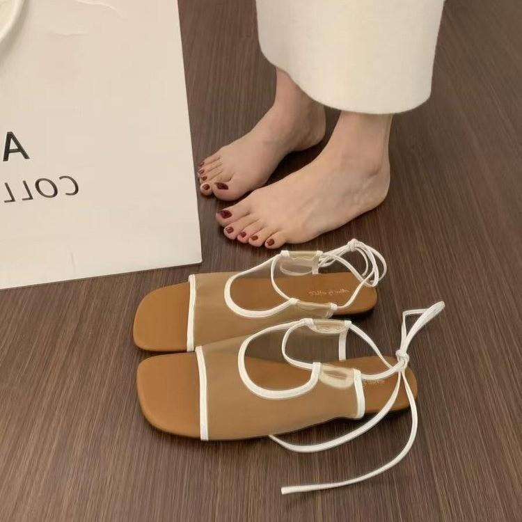 Fashion French Niche Open-toe Flat Breathable Mesh Sandals for Women's Summer 2025 New Lace-up Casual Beach Roman Shoes