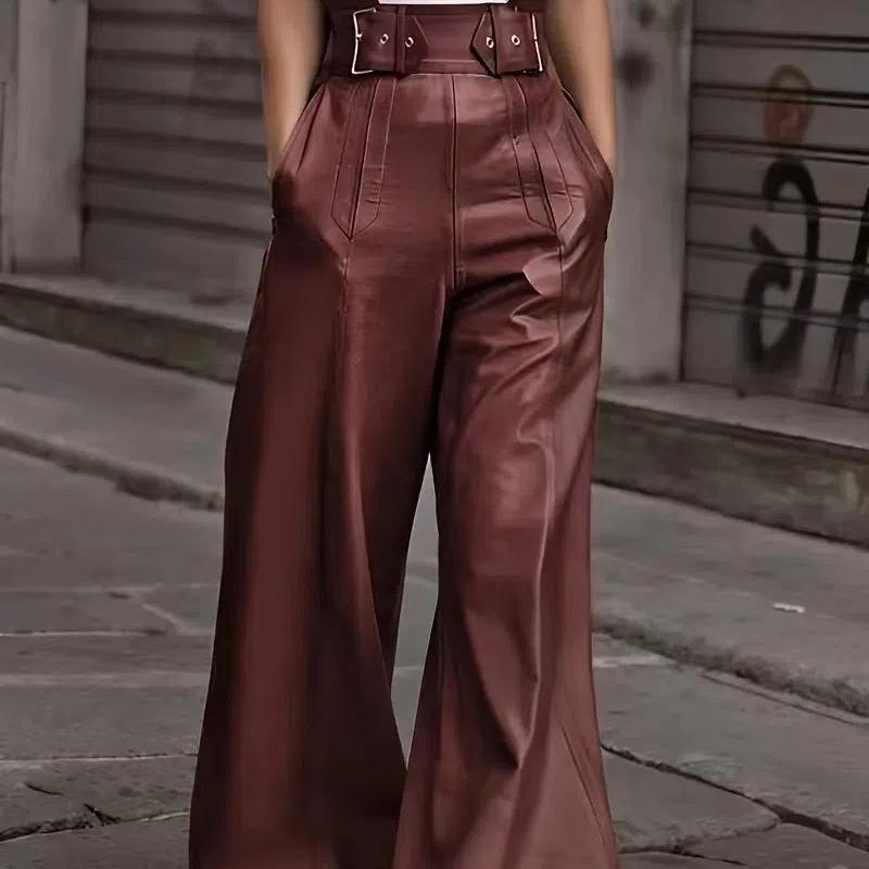 New Fashion Leather Pants, High Waist, Loose Pockets, Waist PU Leather Flared Pants, Casual Trousers, Belt Pocket Decoration