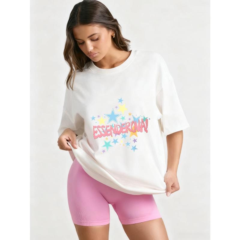 Oversize T-shirt Czarny Essential Nadruk Gwiazdy Graficzny T-shirt Codzienny Streetwear Modny Top Damski Letni Strój