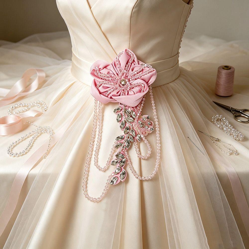 Hand Sewn Crystal Tassel 3D Shape Handmade Flower Fabric Flower  Clothing Embellishment
