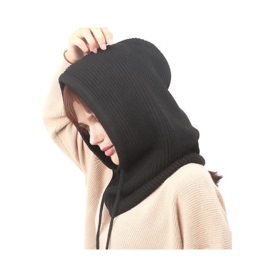 Knitting Hat Scarf Combo Solid Color Adjustable Drawstring Hooded Neck Scarf Women Winter Warm Windproof Elastic Thermal Hat
