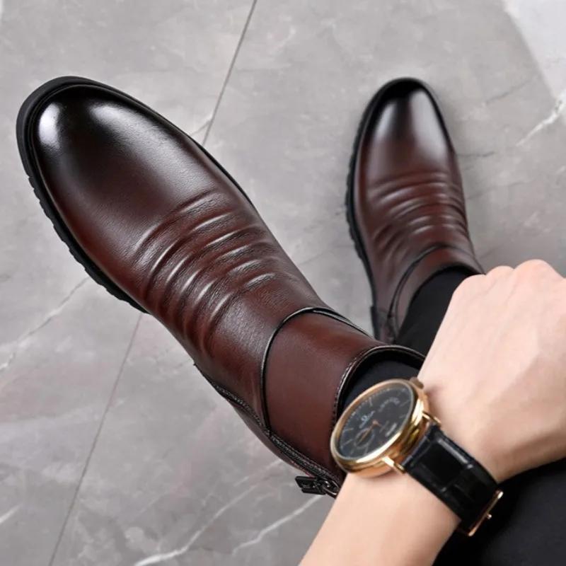 Bottes pour Hommes en Cuir Véritable Bottes en Cuir de Vachette de Haute Qualité Bottes de Moto Hautes Mode Bottes Habillées Décontractées d'Affaires pour Hommes