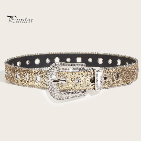 Women Jeans Belt Shiny Rhinestones Multi Holes Adjustable Length Waistband with Sparkling Buckle Wide Alloy Belt