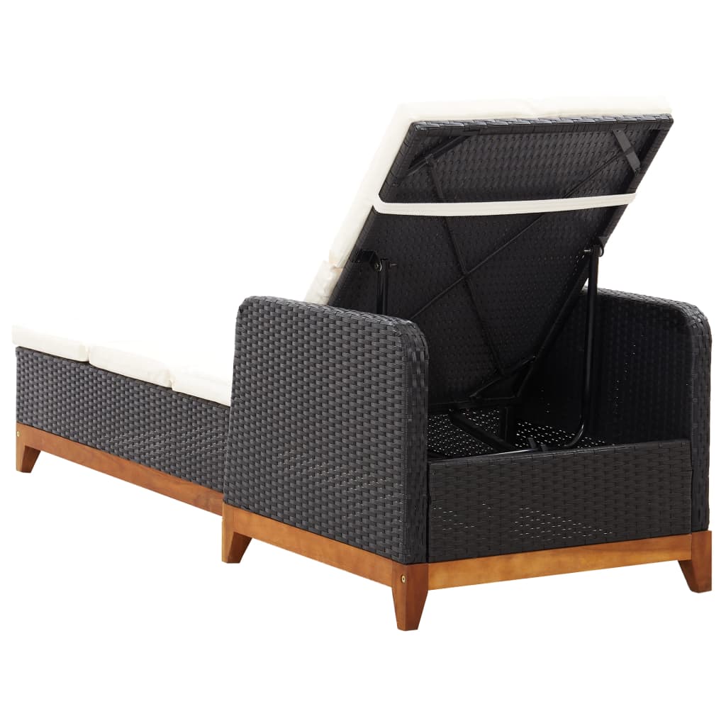 Poly Rattan and Solid Acacia Wood Sun Lounger Black