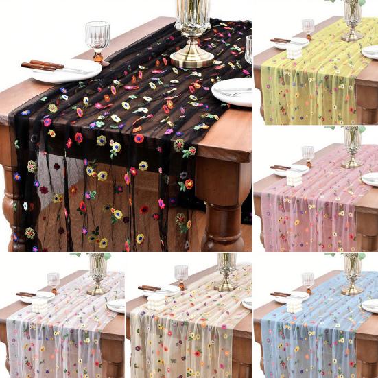 Embroidered Floral Table Runner Spring Summer Flower Table Runner 6ft Tulle Table Runner