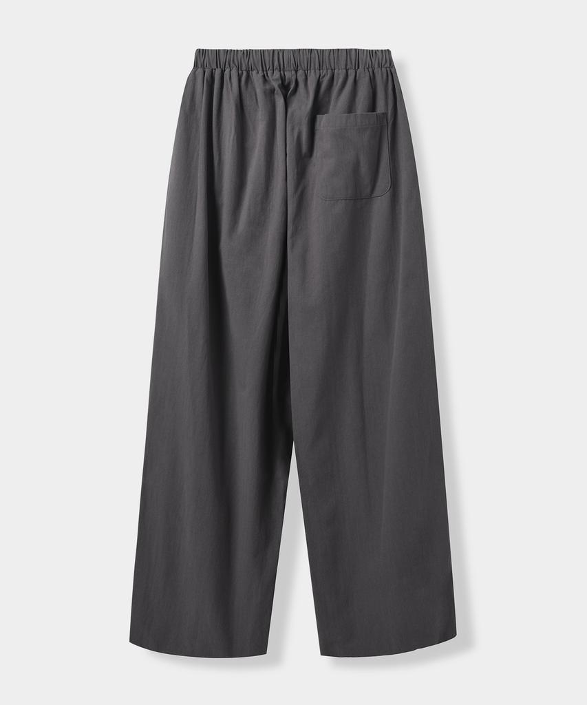 Yujen Double-Pleat Wide Cotton Elastic Waist Pants_Charcoal