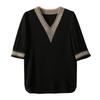 Splicing Hollow Top Summer Black Chiffon Shirt V-Neck Short Sleeve Shirt Women's T-Shirt