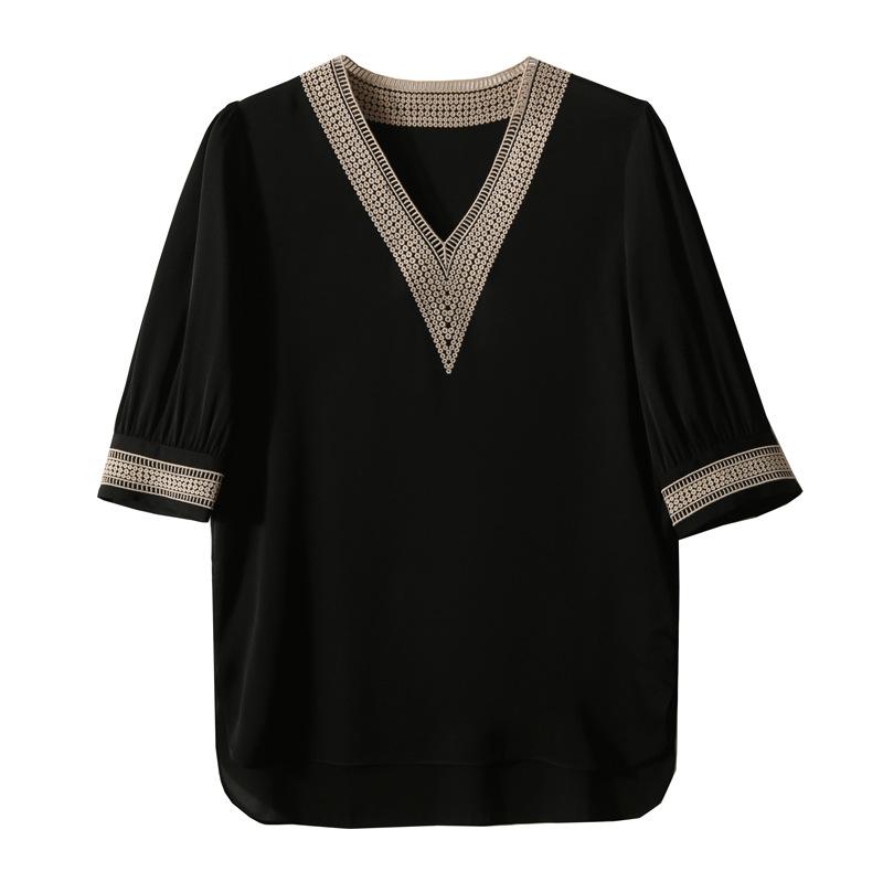 Splicing Hollow Top Summer Black Chiffon Shirt V-Neck Short Sleeve Shirt Women's T-Shirt