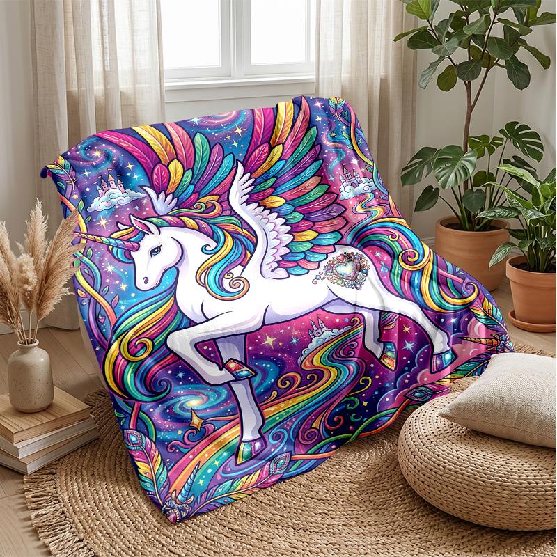 Magical Purple Unicorn Theme Blanket Lightweight Warm Flannel Blanket Decorative Throw Blanket for Home Decoration