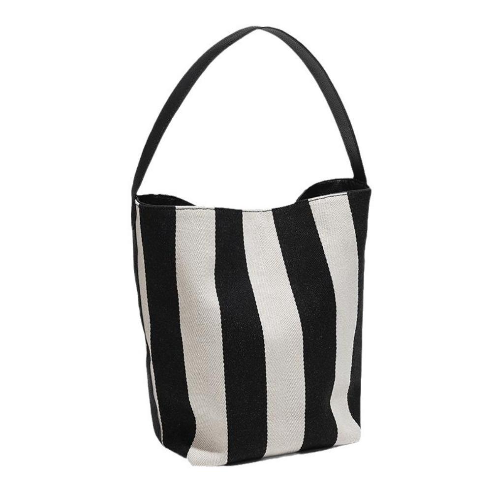 Pattern Black White Stripe Bag Drawstring Wide Straps Bucket Bag Stripe Canvas Handbag  Shopping