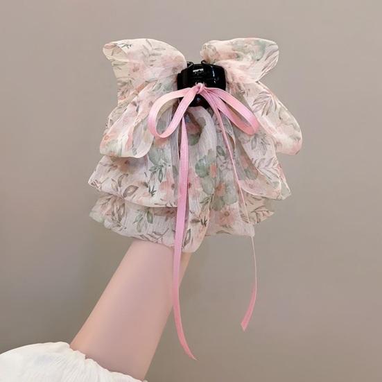 Elegante süße Blumendruck-Haarspange, große Schleife, Dekor, Haarklaue, Mädchen-Pferdeschwanz-Haar, Krabben, Band, rutschfeste Haar-Accessoires