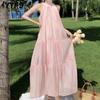 Women's Fashion Summer Spring Solid Color Print Sleeveless Hanging Neck Loose Waistline Casual Dresses
