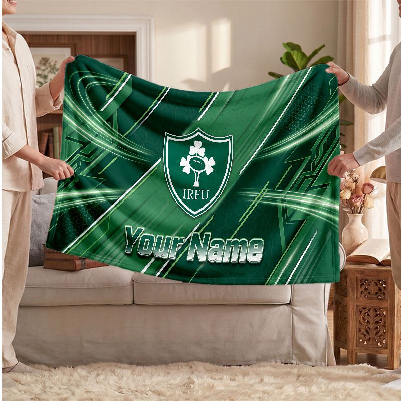 Ireland Rugby Flannel Blanket, Custom Name Text Personalized Soft Throw Blanket Home Decor Gift