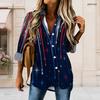 Women Plus Size Lapel Long Sleeve Button Shirt Dress Black Purple Galaxy Wave Star Print Irregular Back Hem Tunic Dress